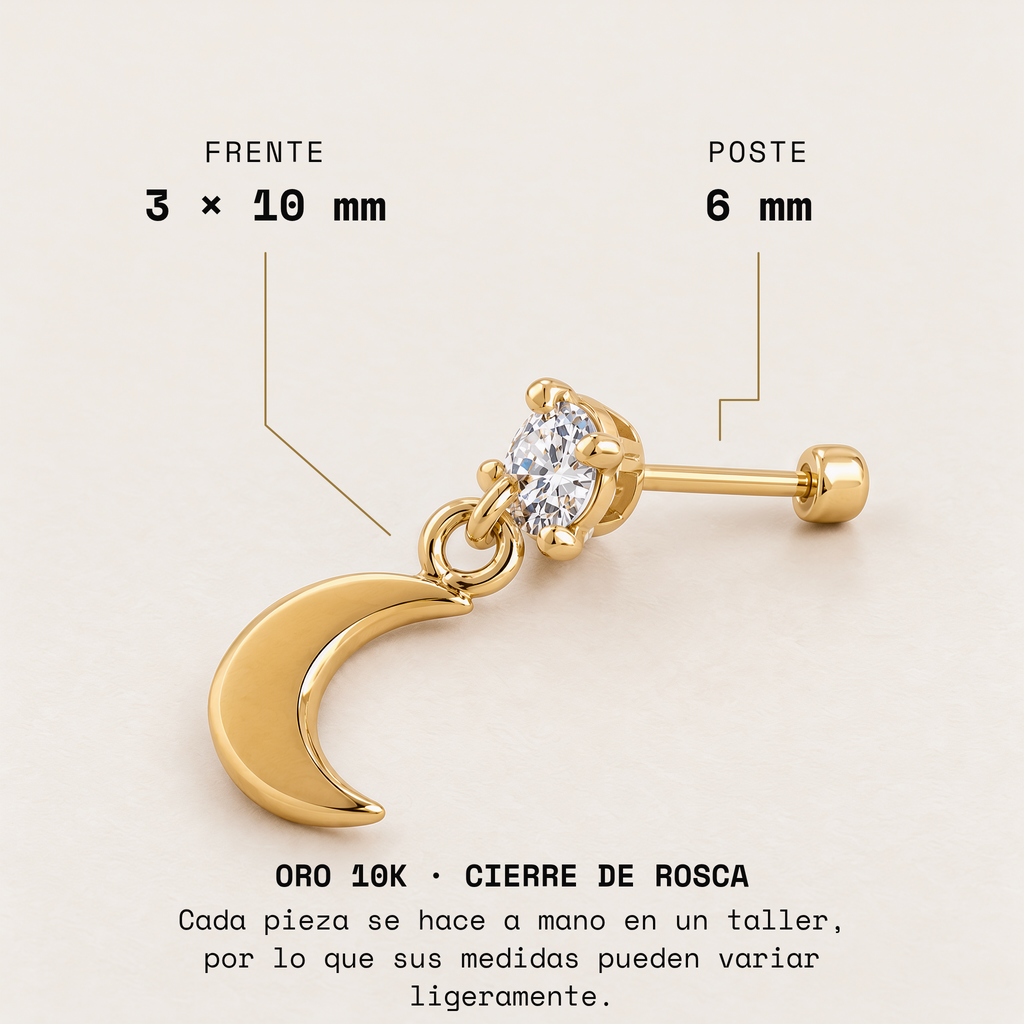 Broquel Zirconia con Luna Colgante Oro 10K · Medidas