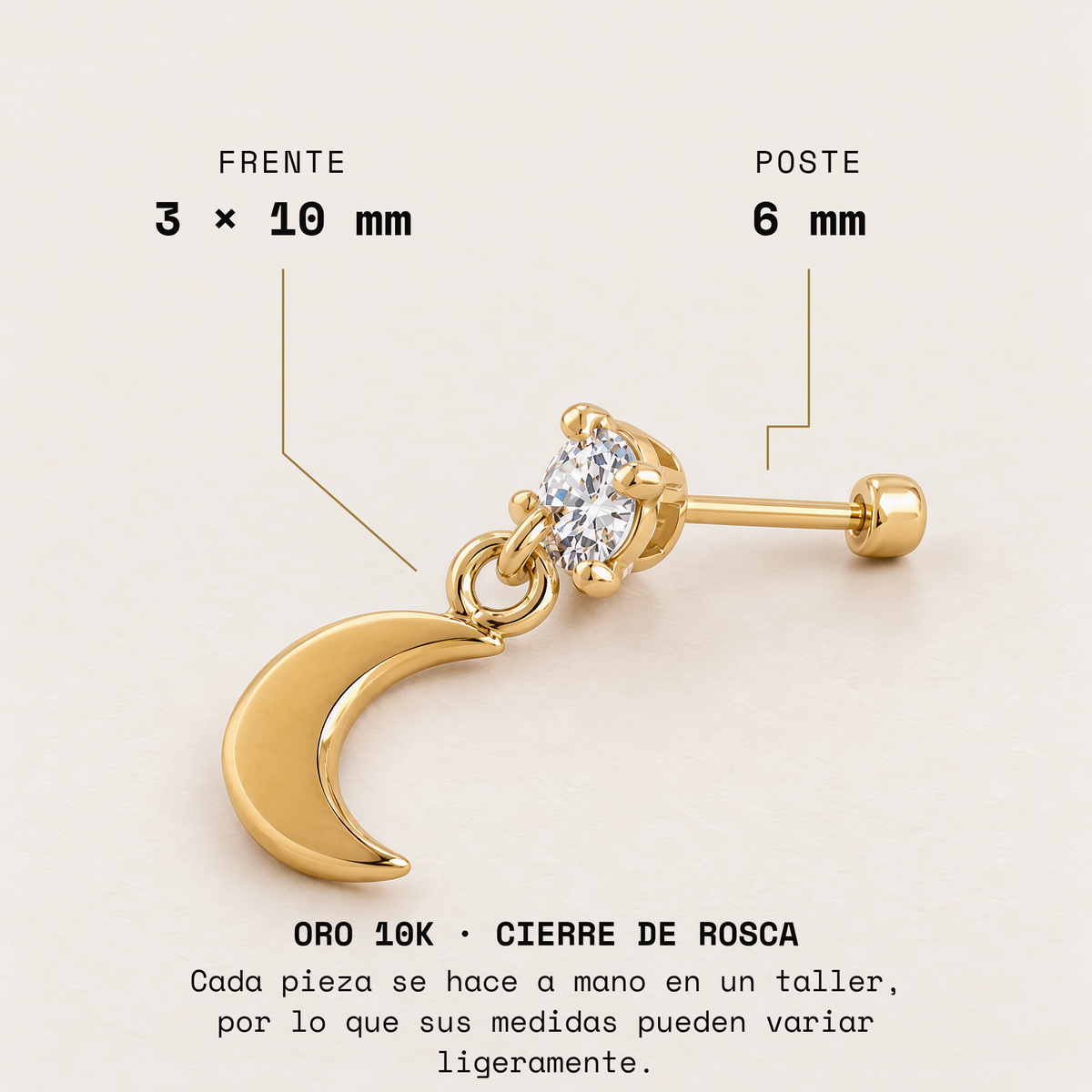 Broquel Zirconia con Luna Colgante Oro 10K · Medidas
