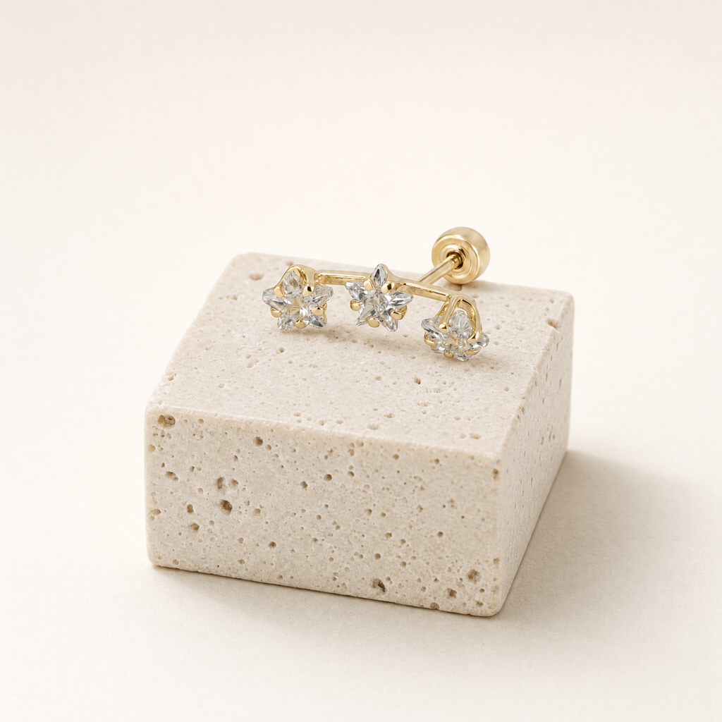 Broquel constelacion zirconia de oro 10k, una pieza sobre piedra clara