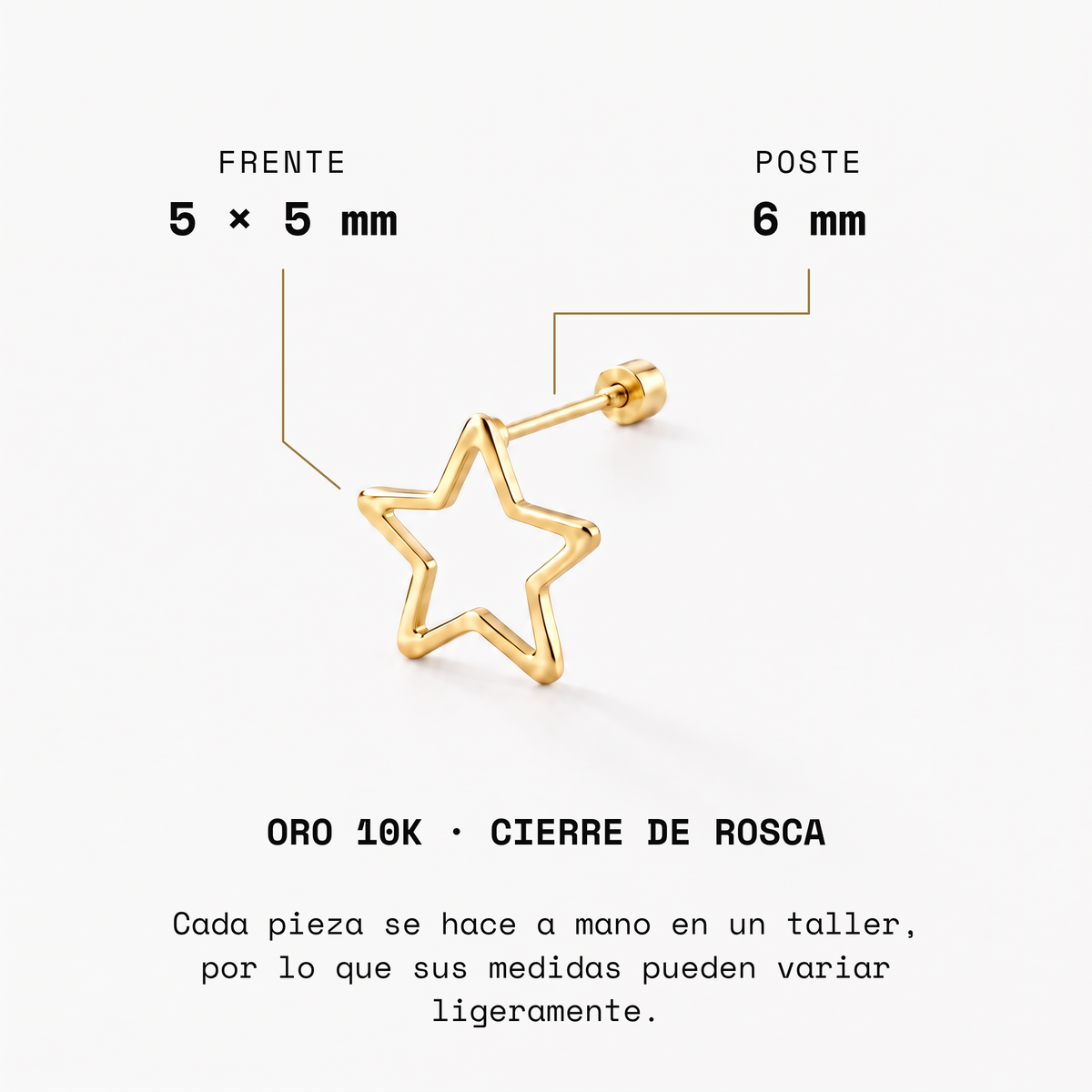 Broquel Silueta Estrella de oro 10k: frente de 5 × 5 mm y poste de 6 mm. Fotografía ampliada, no a escala.