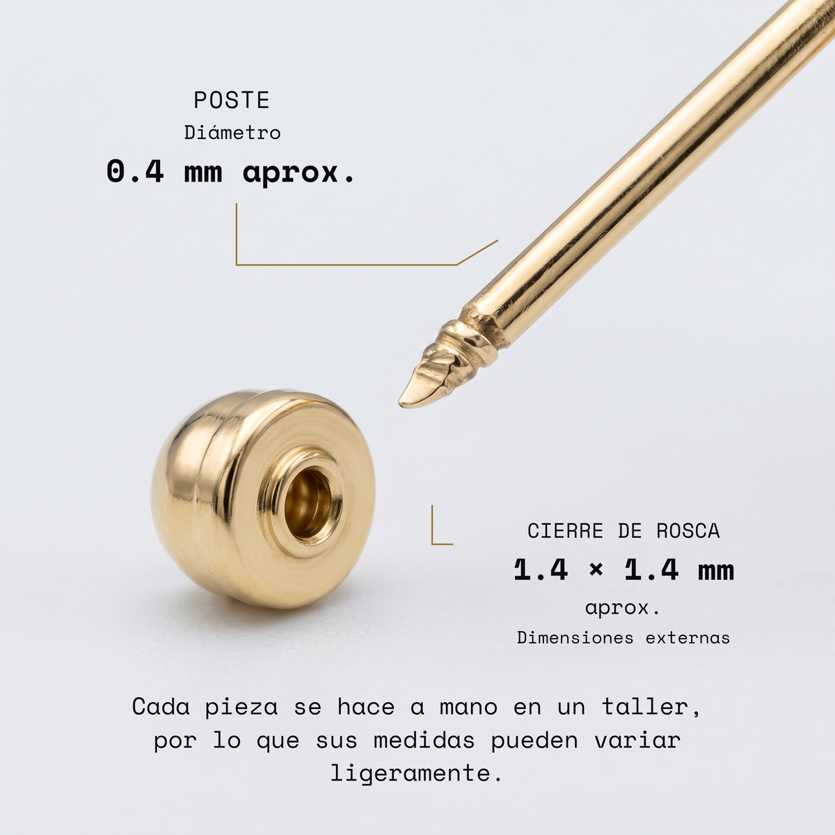 Poste y cierre de rosca: diámetro del poste de 0.4 mm aproximadamente y medidas exteriores del cierre de 1.4 × 1.4 mm aproximadamente.