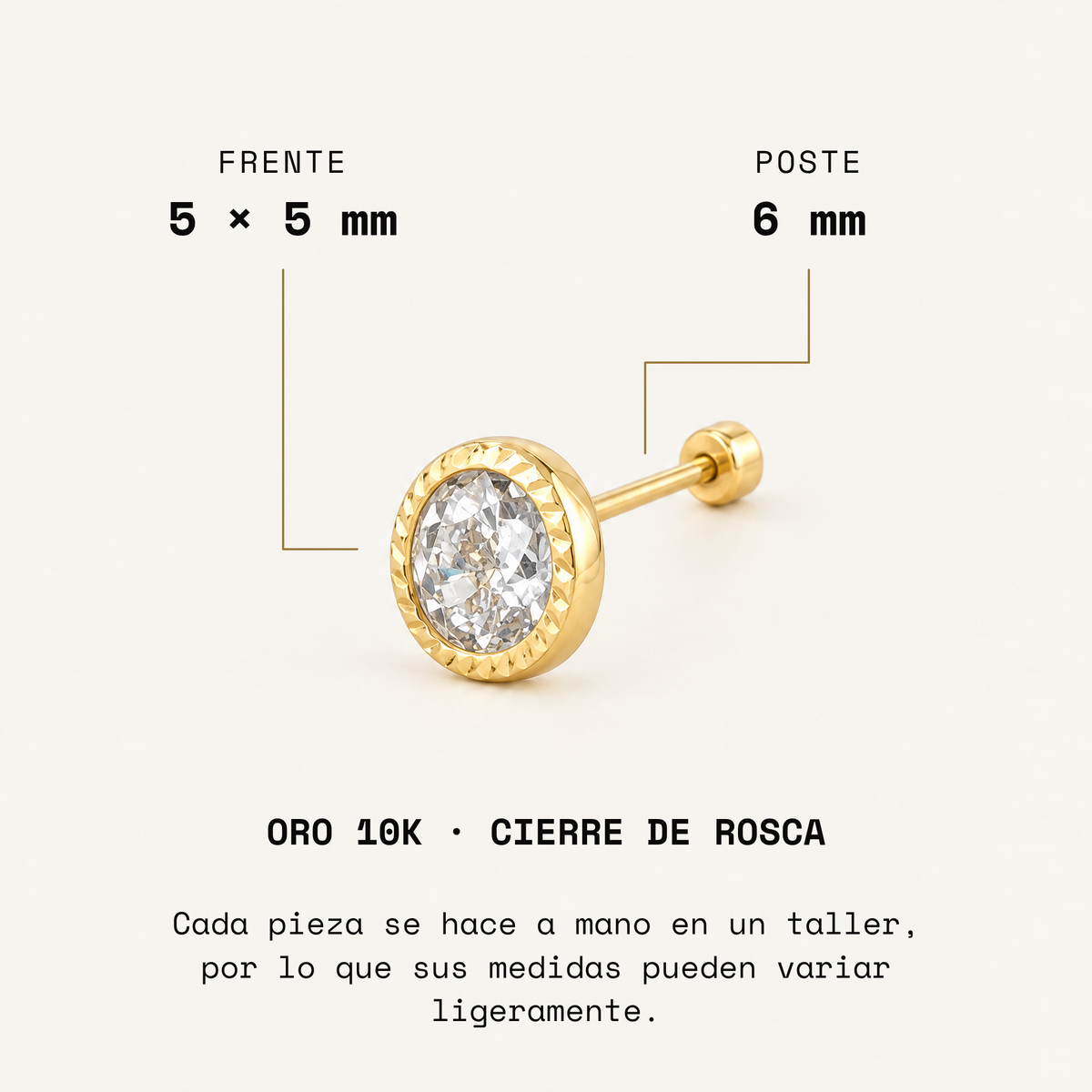 Broquel Zirconia Bisel Diamantado 5mm Oro 10K. Medidas del frente y poste.