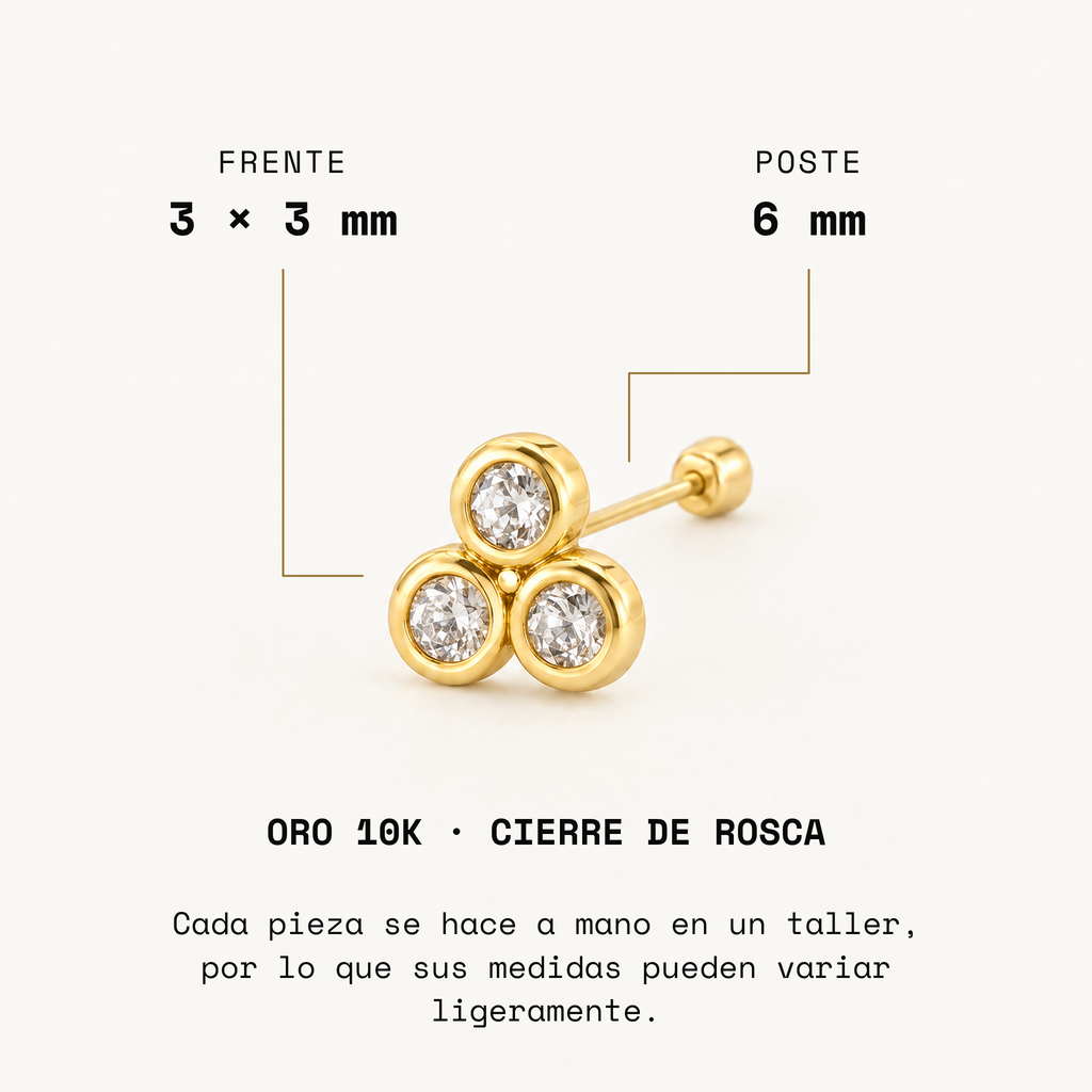 Broquel Tresillo Biselado Oro 10K. Medidas del frente y poste.