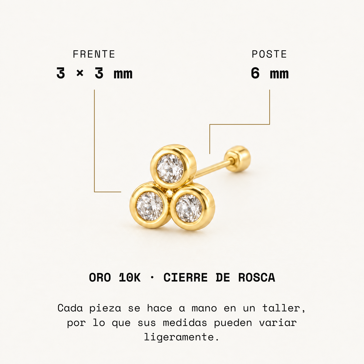 Broquel Tresillo Biselado Oro 10K. Medidas del frente y poste.