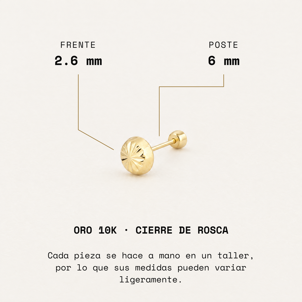 Broquel Hongo 2.6 mm Oro 10K. Medidas del frente y poste.