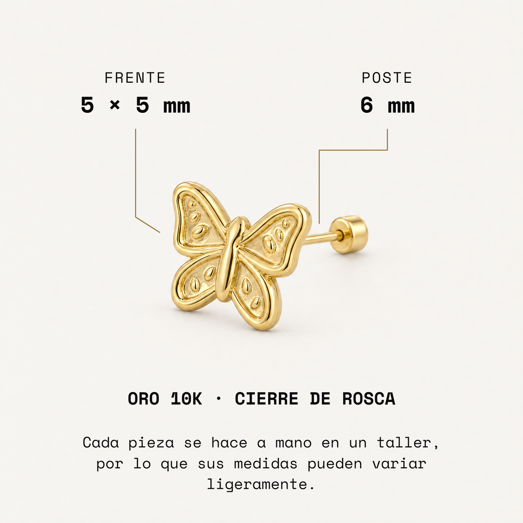 Broquel Mariposa Oro 10K. Medidas del frente y poste.