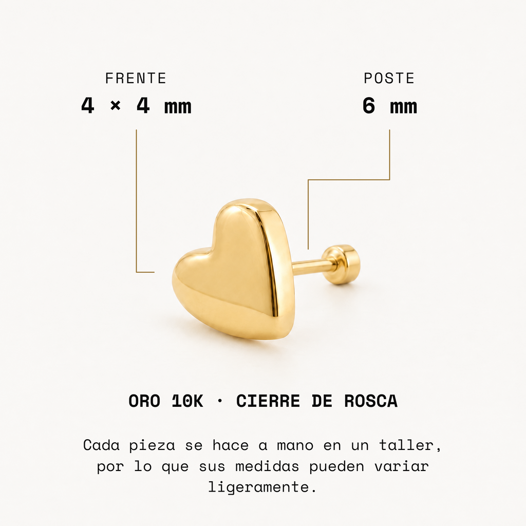 Broquel Corazón Mediano Oro 10K. Medidas del frente y poste.