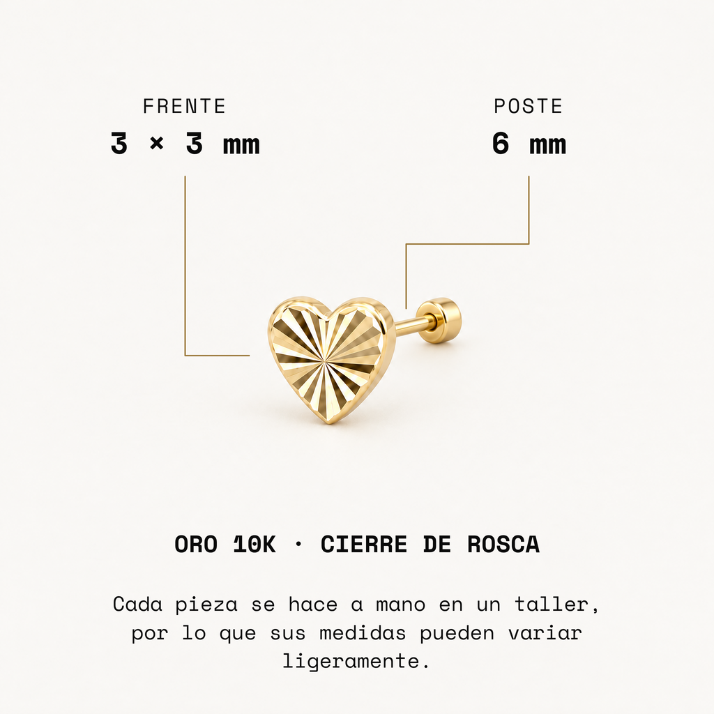 Broquel Corazón Mini Diamantado Oro 10K. Medidas del frente y poste.