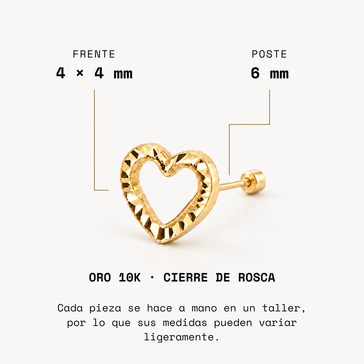 Broquel Corazón Contorno Diamantado Oro 10K. Medidas del frente y poste.
