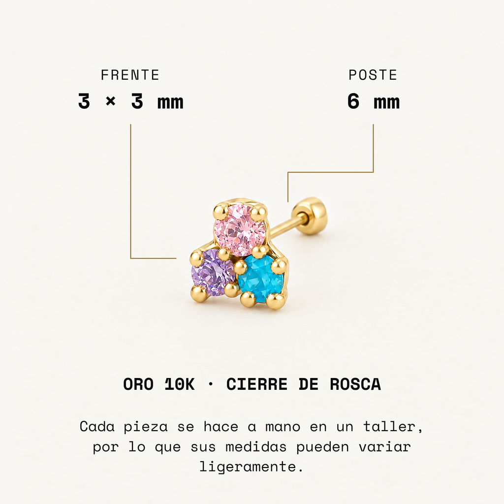 Broquel Tresillo Micro Colores Pastel Oro 10K. Medidas del frente y poste.