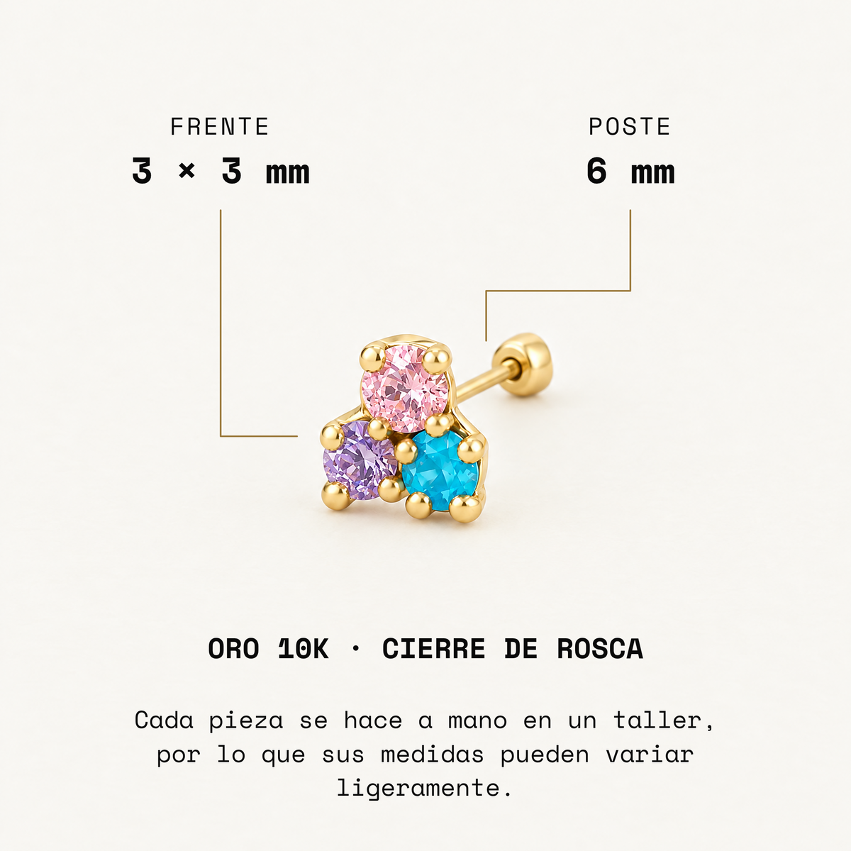 Broquel Tresillo Micro Colores Pastel Oro 10K. Medidas del frente y poste.