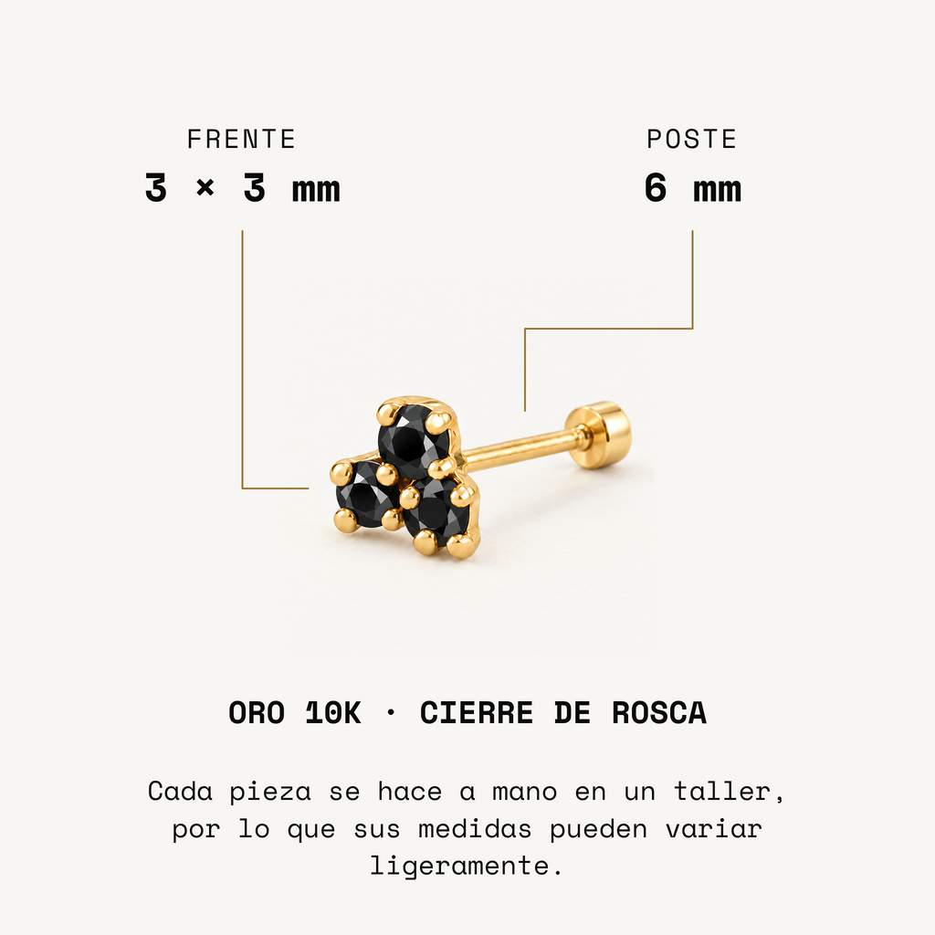 Broquel Tresillo Micro Negro Oro 10K. Medidas del frente y poste.