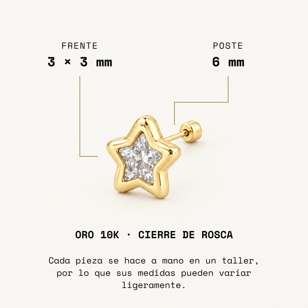 Broquel Estrella Mini Biselada Oro 10K. Medidas del frente y poste.
