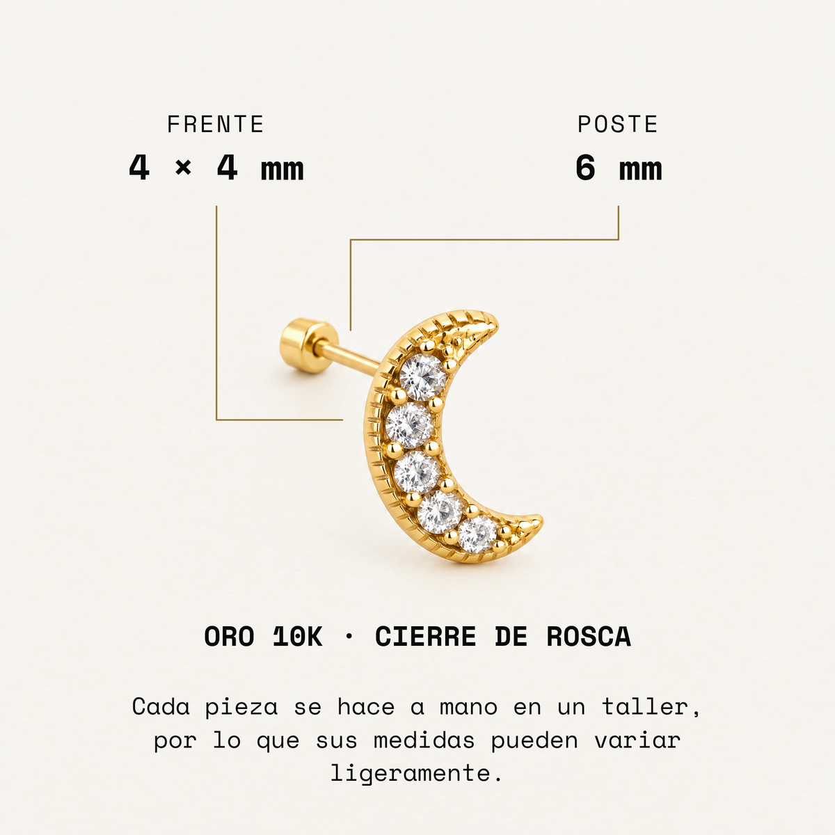 Broquel Luna Brillitos Oro 10K. Medidas del frente y poste.