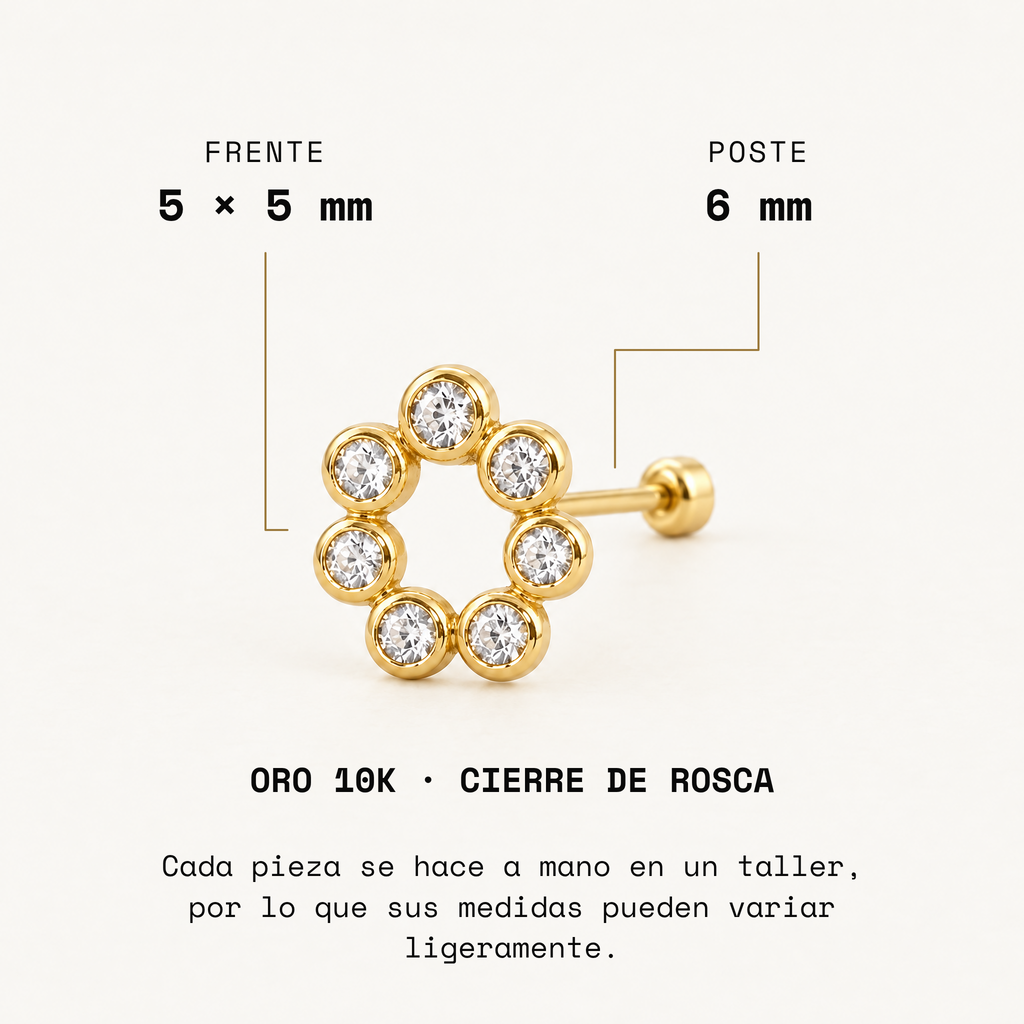 Broquel Roseta Biselada Oro 10K. Medidas del frente y poste.