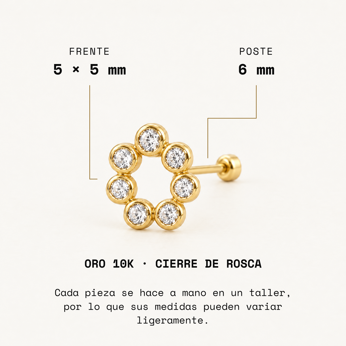 Broquel Roseta Biselada Oro 10K. Medidas del frente y poste.