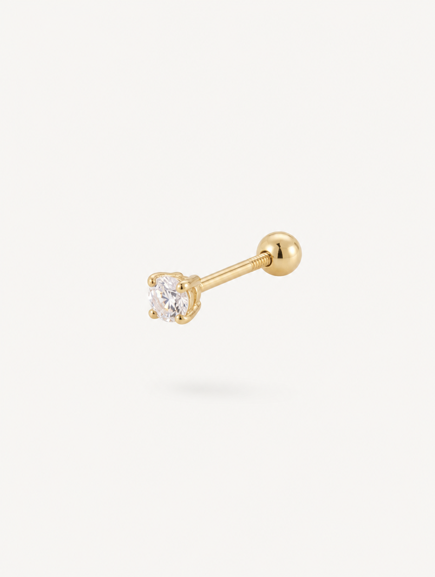 Broquel Zirconia 2mm Oro 10k — vista diagonal con poste y rosca