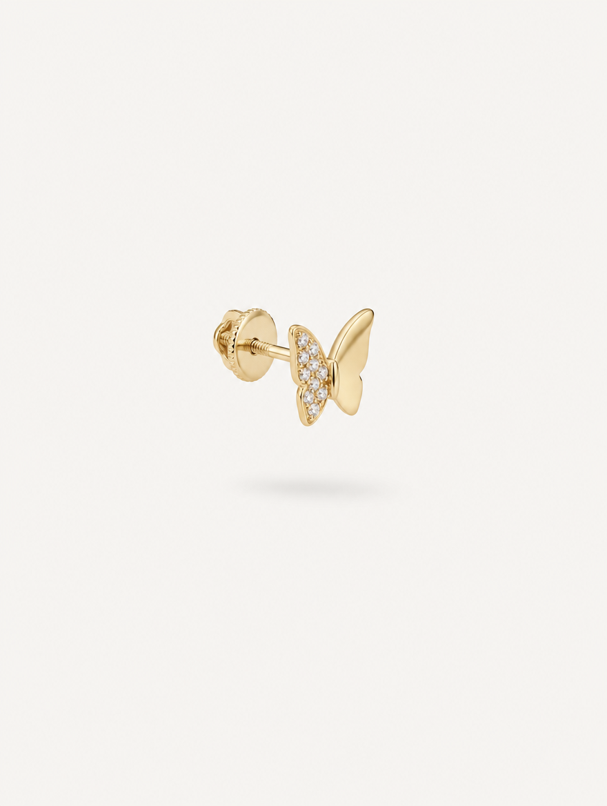 Broquel Mariposa Mitad Zirconias Oro 10K — vista diagonal