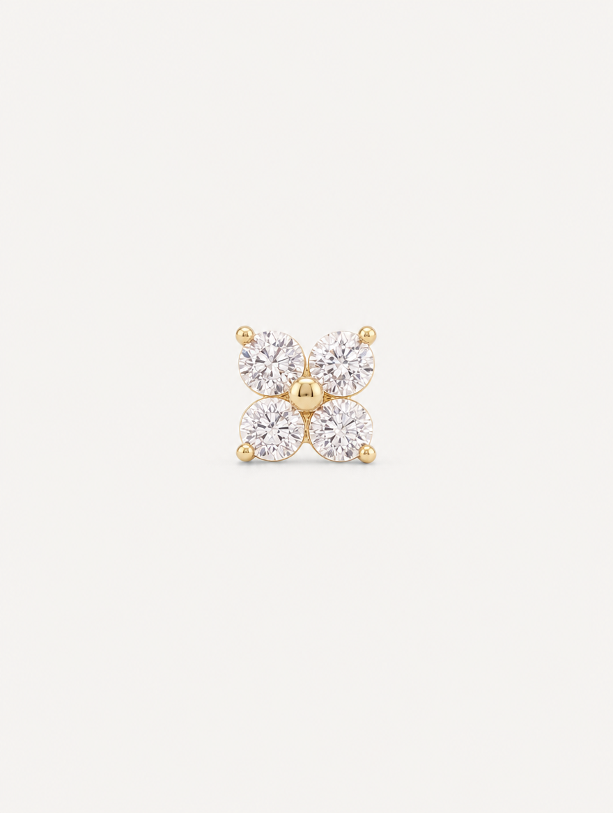 Broquel Flor Cuatro Zirconias Oro 10K — vista frontal