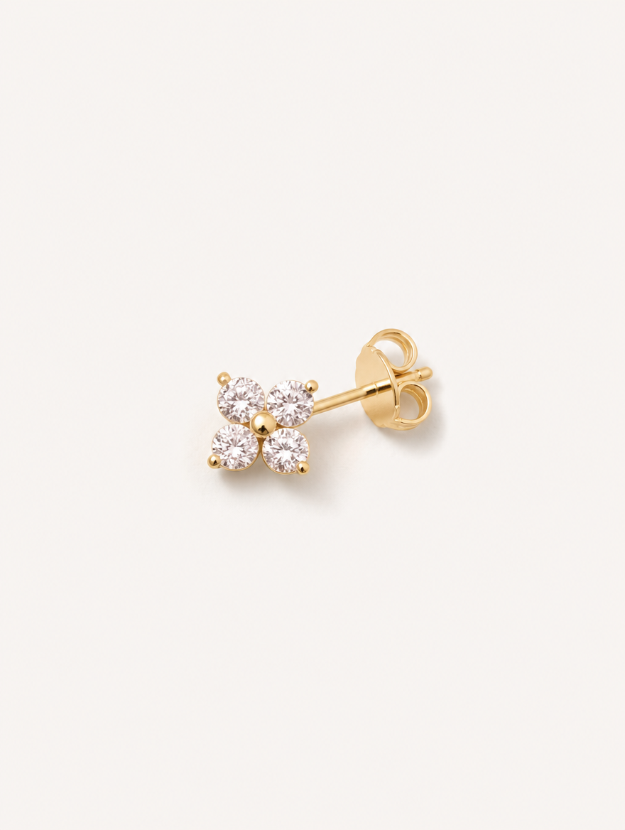 Broquel Flor Cuatro Zirconias Oro 10K — vista cenital