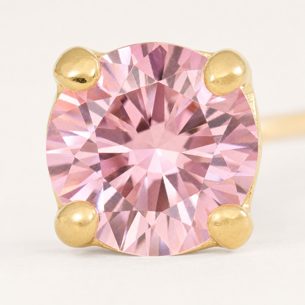 Broquel Solitario Zirconia Rosa 3 mm Oro 10K — macro frontal