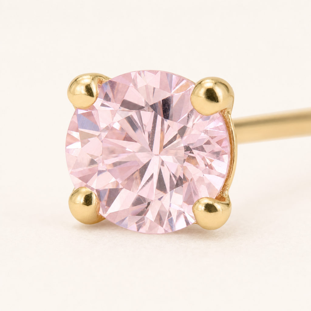 Broquel Solitario Zirconia Rosa 4 mm Oro 10K — macro frontal