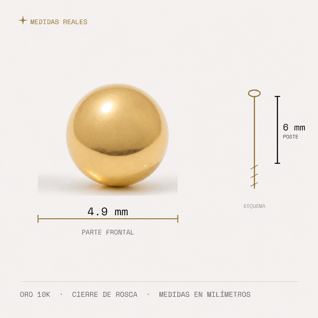 Broquel Dormilona 4.9 mm Oro 10K — medidas reales