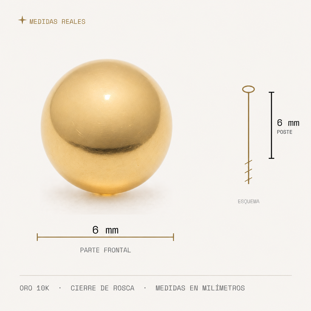 Broquel Dormilona 6 mm Oro 10K — medidas reales