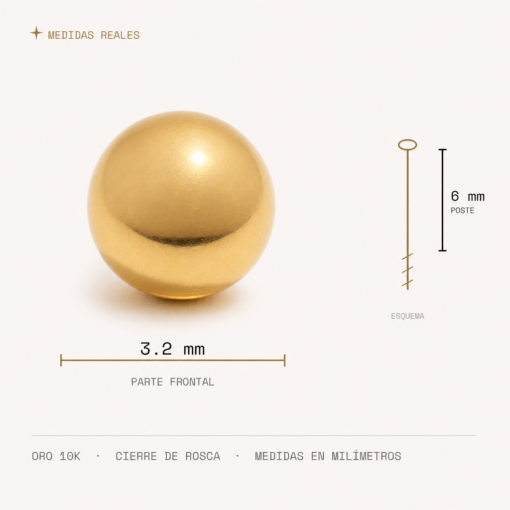 Broquel Dormilona 3.2 mm Oro 10K — medidas reales