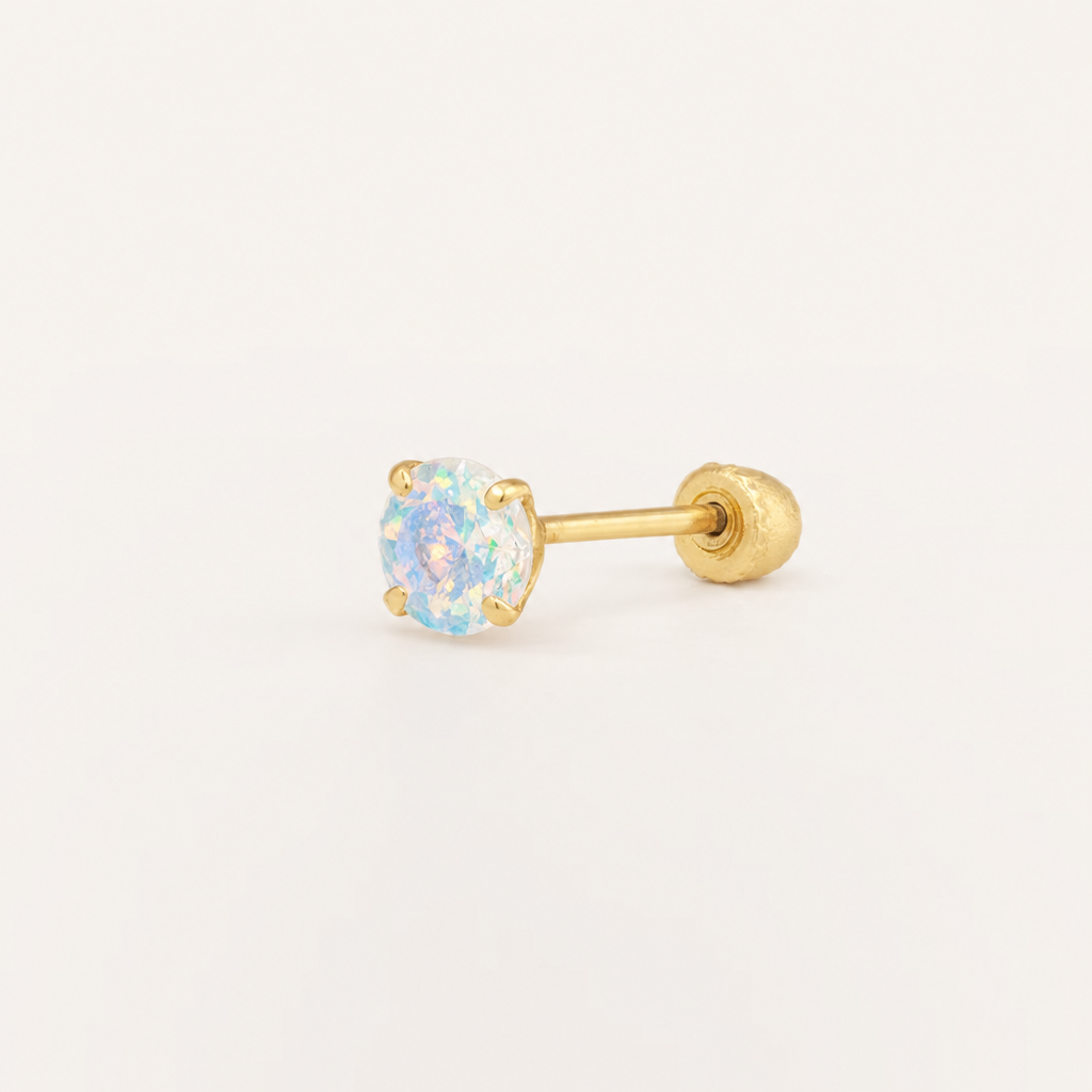 Broquel Solitario Zirconia Tornasol 4 mm Oro 10K — vista diagonal