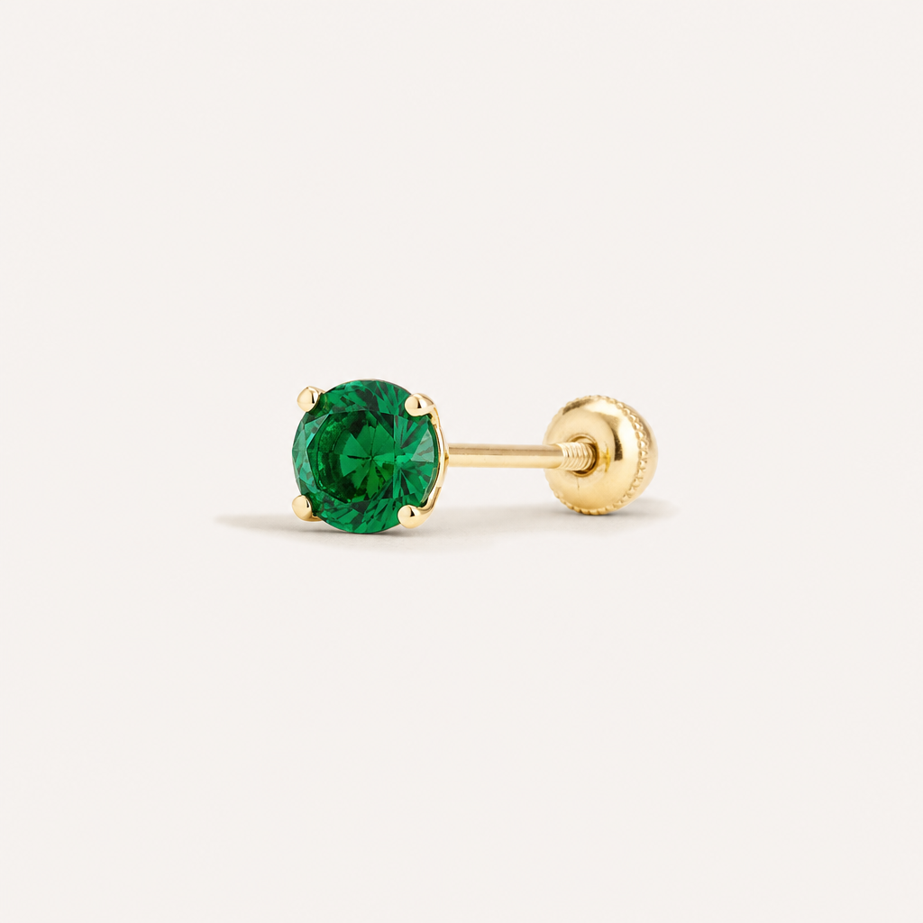 Broquel Solitario Zirconia Verde 4 mm Oro 10K — vista diagonal