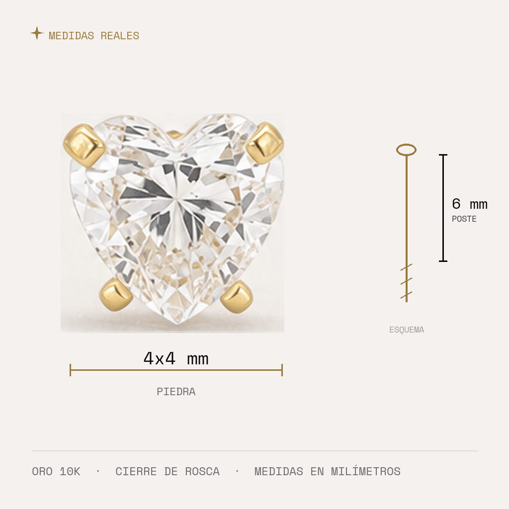 Broquel Corazón Zirconia 4 mm Oro 10K — medidas reales