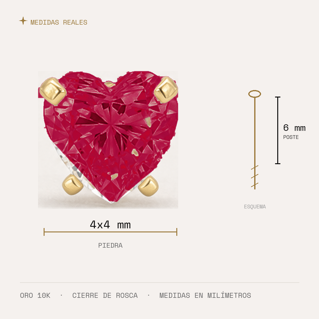 Broquel Corazón Zirconia Magenta 4 mm Oro 10K — medidas reales
