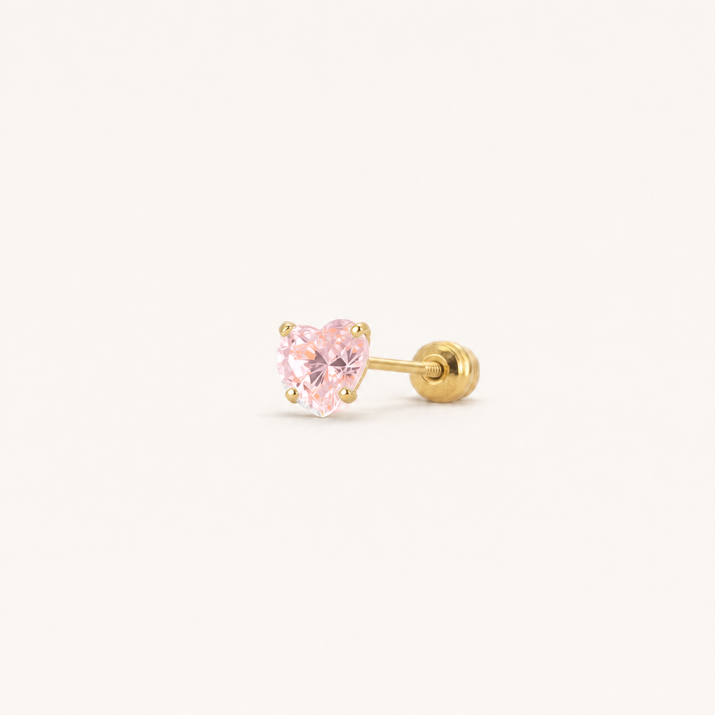 Broquel Corazón Zirconia Rosa 4 mm Oro 10K — vista diagonal