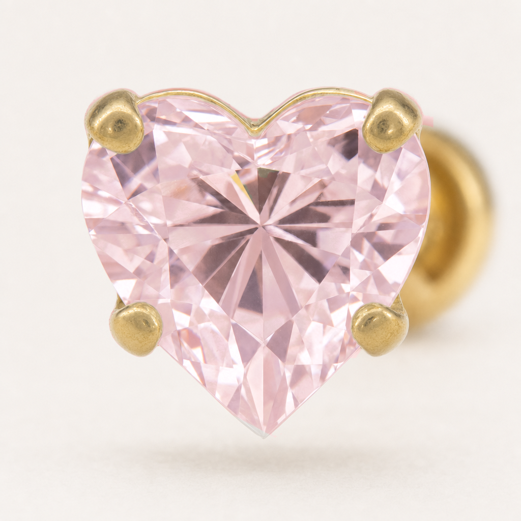 Broquel Corazón Zirconia Rosa 4 mm Oro 10K — macro frontal