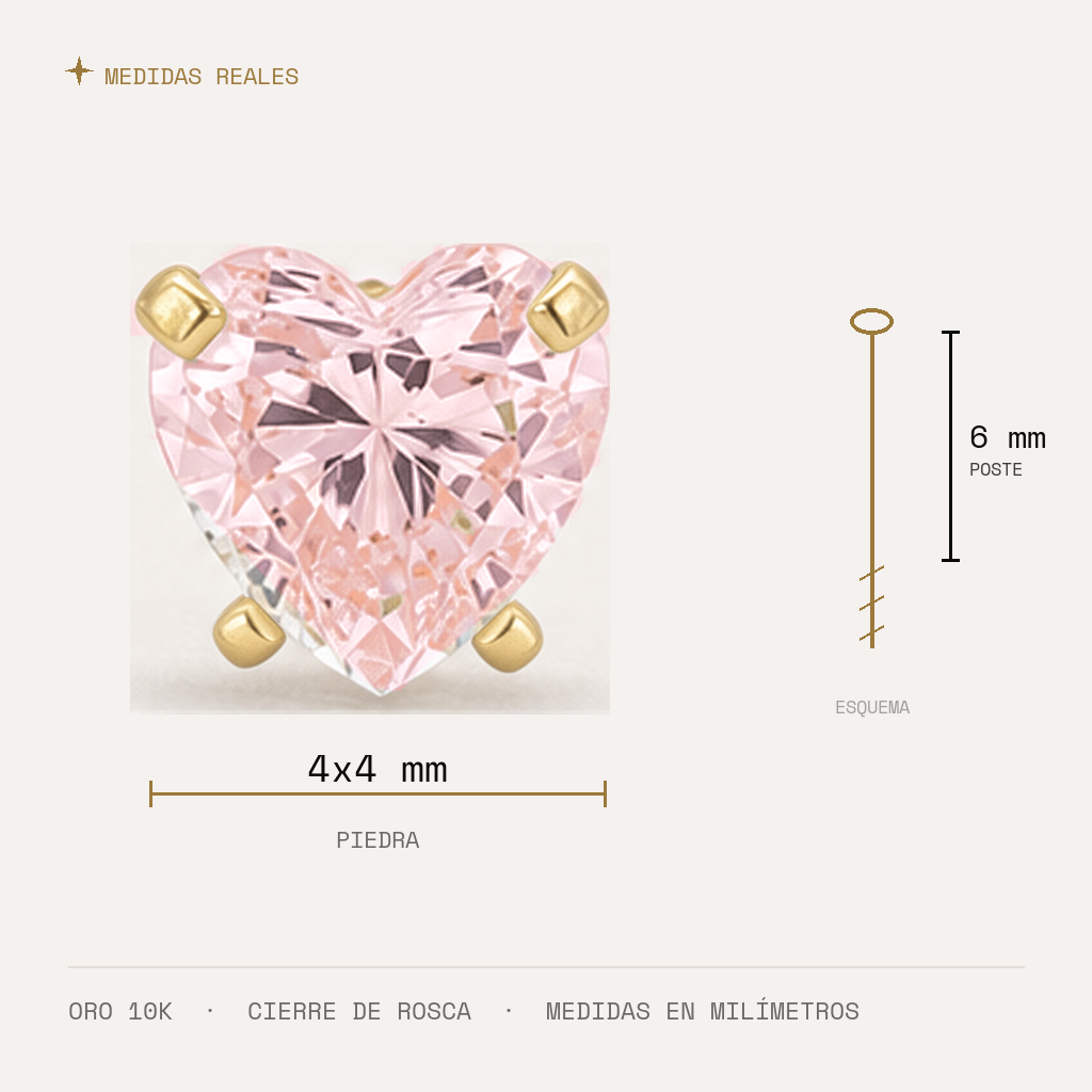 Broquel Corazón Zirconia Rosa 4 mm Oro 10K — medidas reales