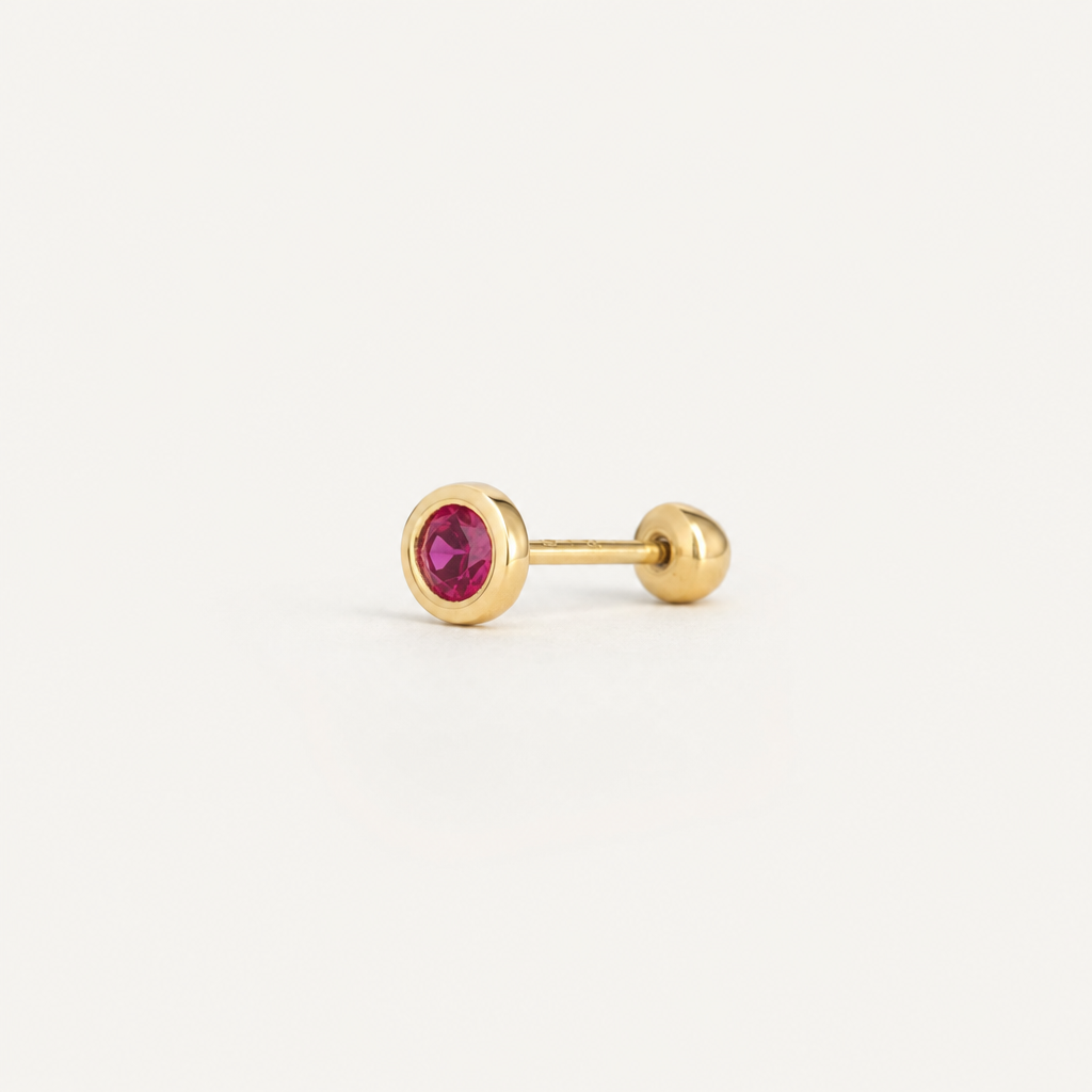 Broquel Bisel Zirconia Rubí 3 mm Oro 10K — vista diagonal