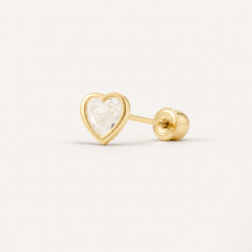 Broquel Bisel Corazón Zirconia 4 mm Oro 10K — vista diagonal