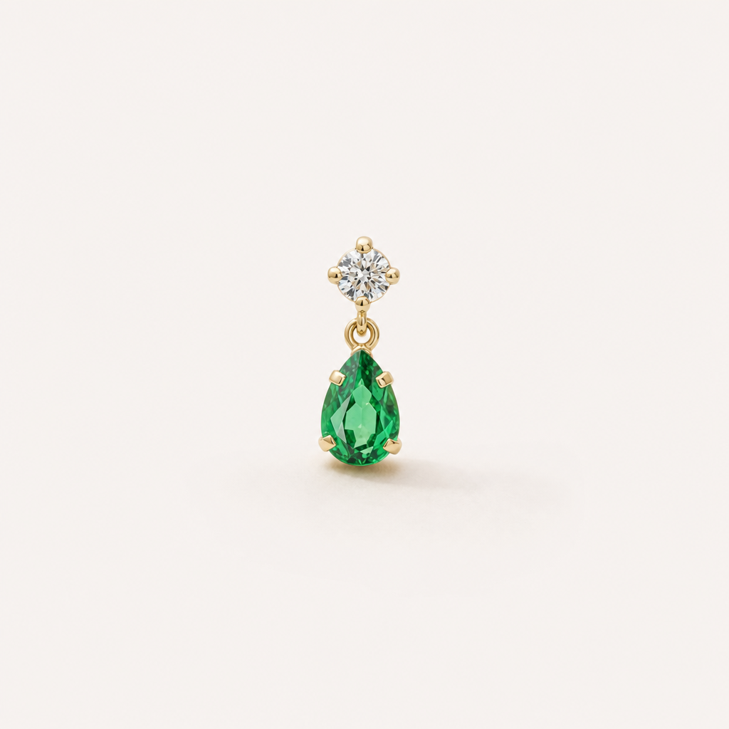 Broquel Colgante Gota Esmeralda Oro 10K — vista frontal