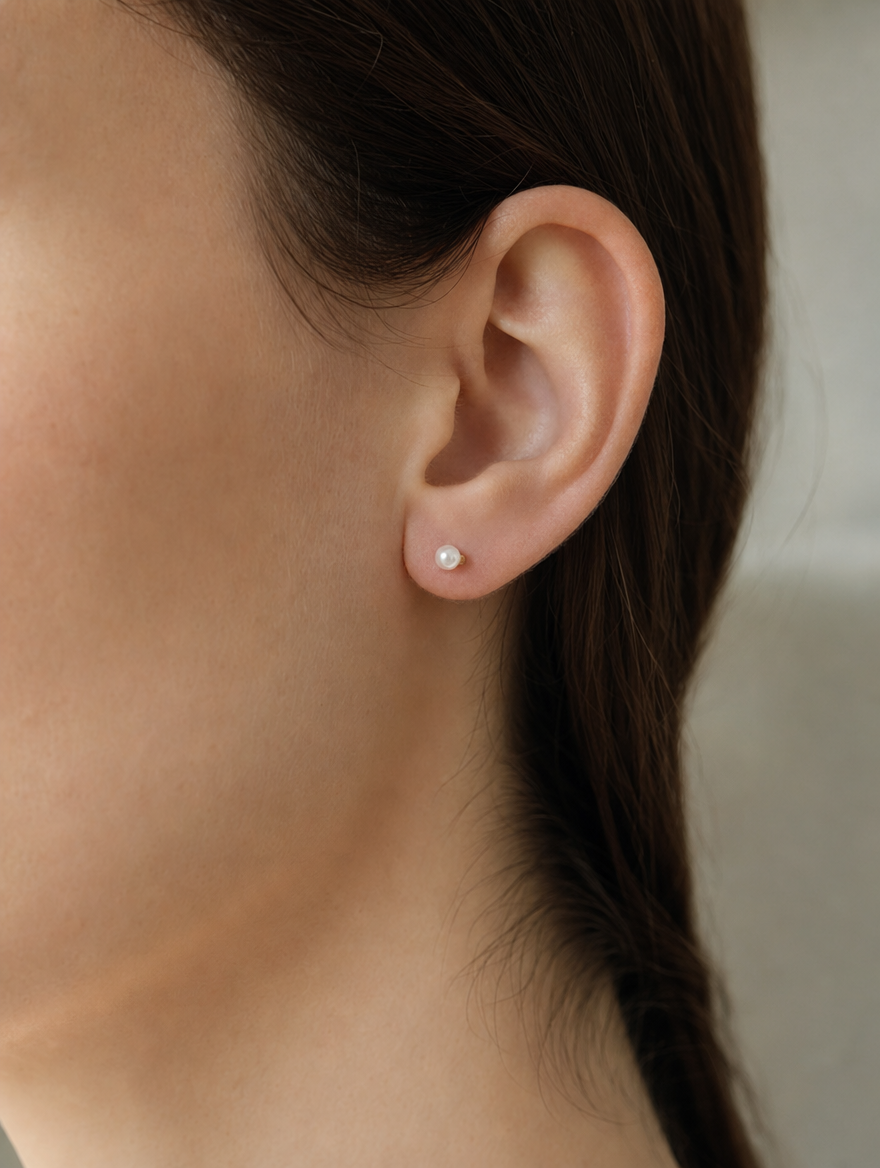 Broquel Perla 5 mm Oro 10K puesto — modelo