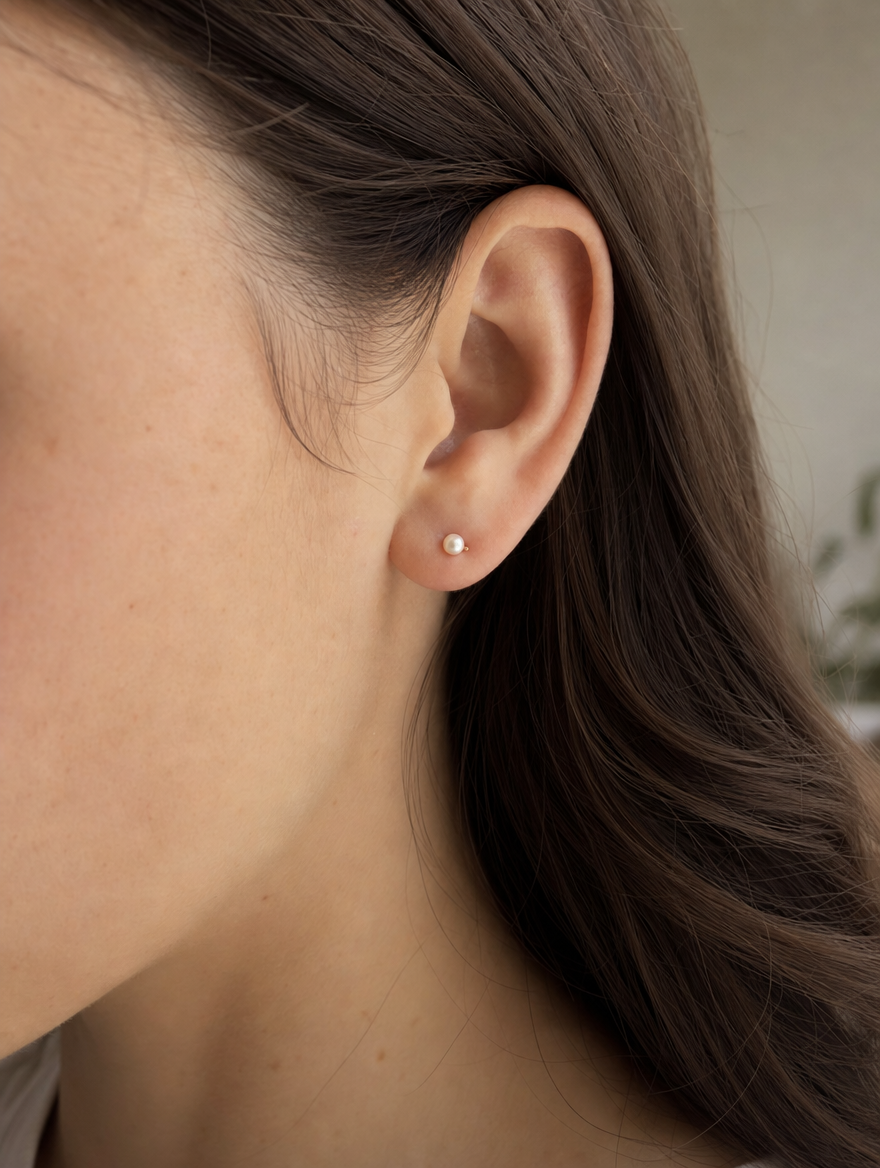 Broquel Perla 6 mm Oro 10K puesto — modelo