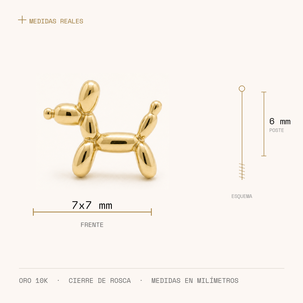 Broquel Perro Globo Oro 10K — medidas reales