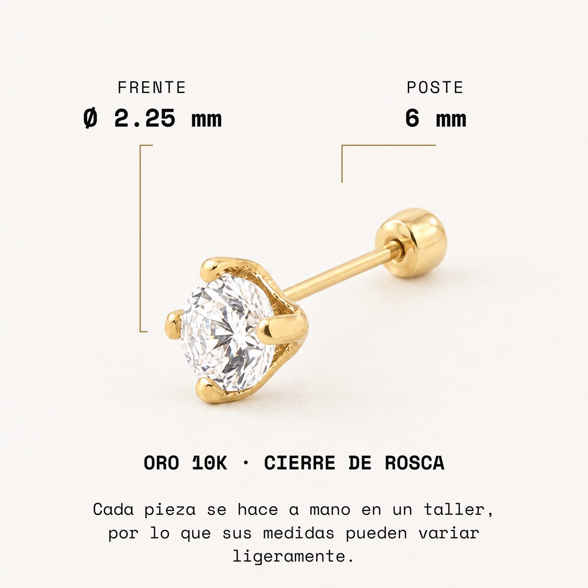 Broquel Solitario Zirconia Blanca 2.25 mm Oro 10K: medidas del frente y poste.