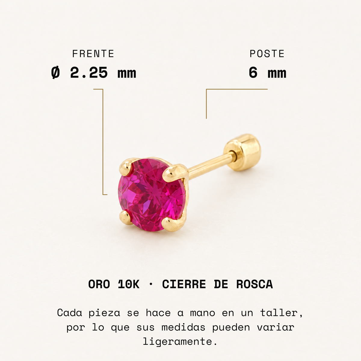 Broquel Solitario Zirconia Magenta 2.25 mm Oro 10K: medidas del frente y poste.