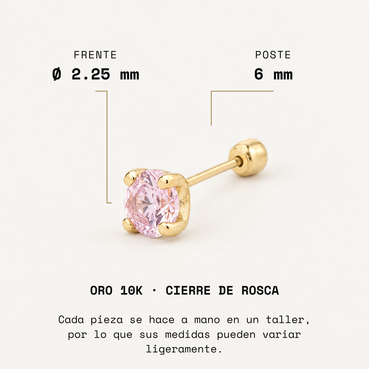Broquel Solitario Zirconia Rosa 2.25 mm Oro 10K: medidas.