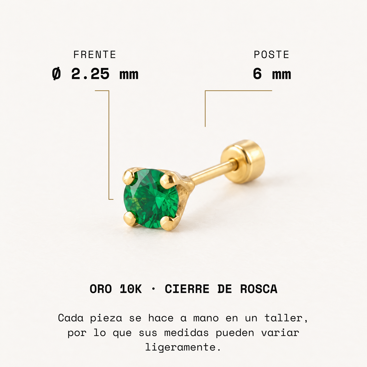 Broquel Solitario Zirconia Verde 2.25 mm Oro 10K: medidas.