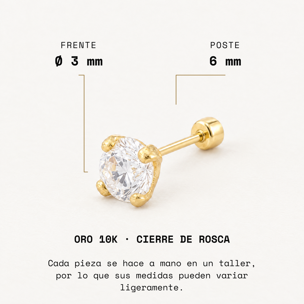 Broquel Solitario Zirconia Blanca 3 mm Oro 10K: medidas.