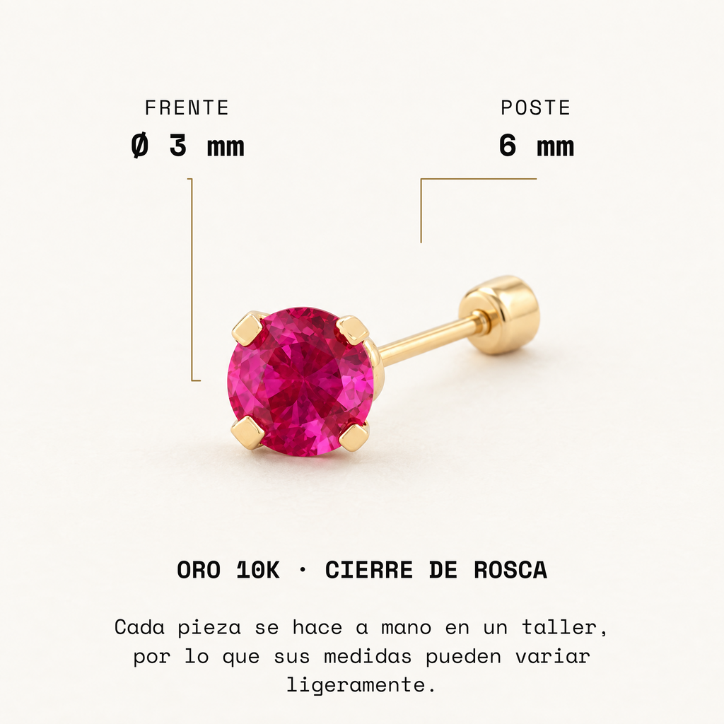 Broquel Solitario Zirconia Magenta 3 mm Oro 10K: medidas.