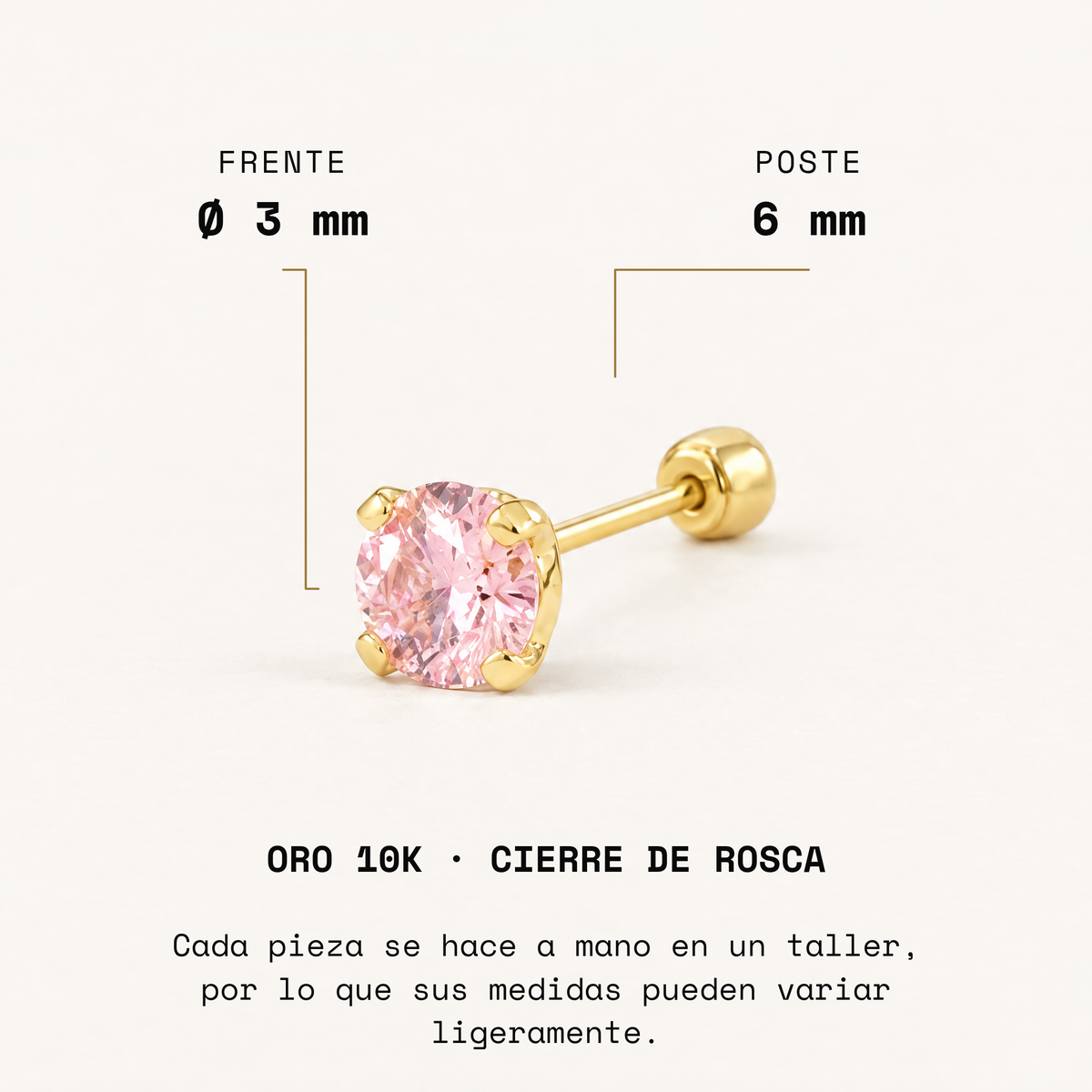 Broquel Solitario Zirconia Rosa 3 mm Oro 10K: medidas.