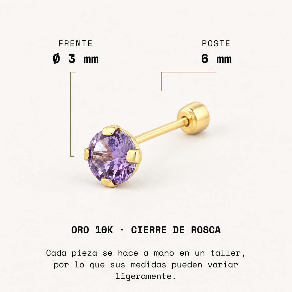 Broquel Solitario Zirconia Amatista 3 mm Oro 10K: medidas.